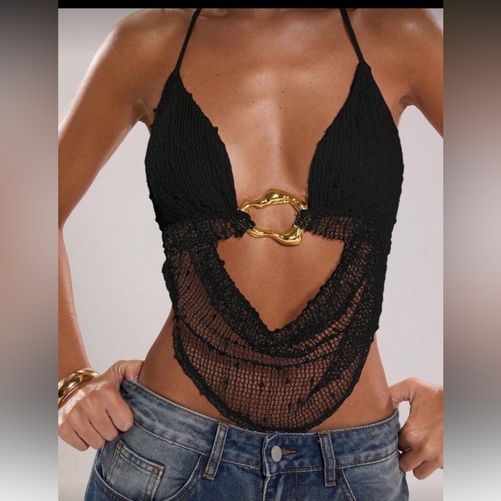 SHEIN Black and Gold Halter Bodysuit